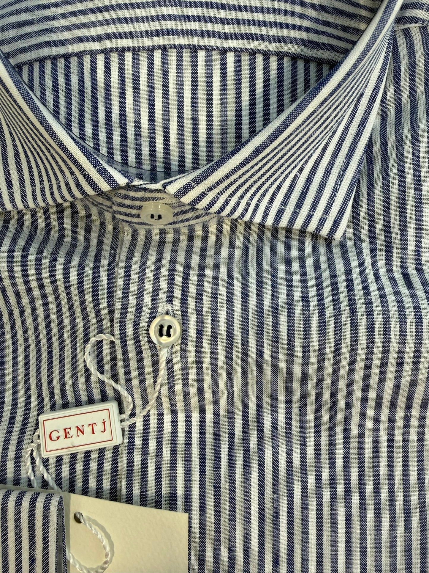 Lino cotone righine blu 5614 collo FRANCESE