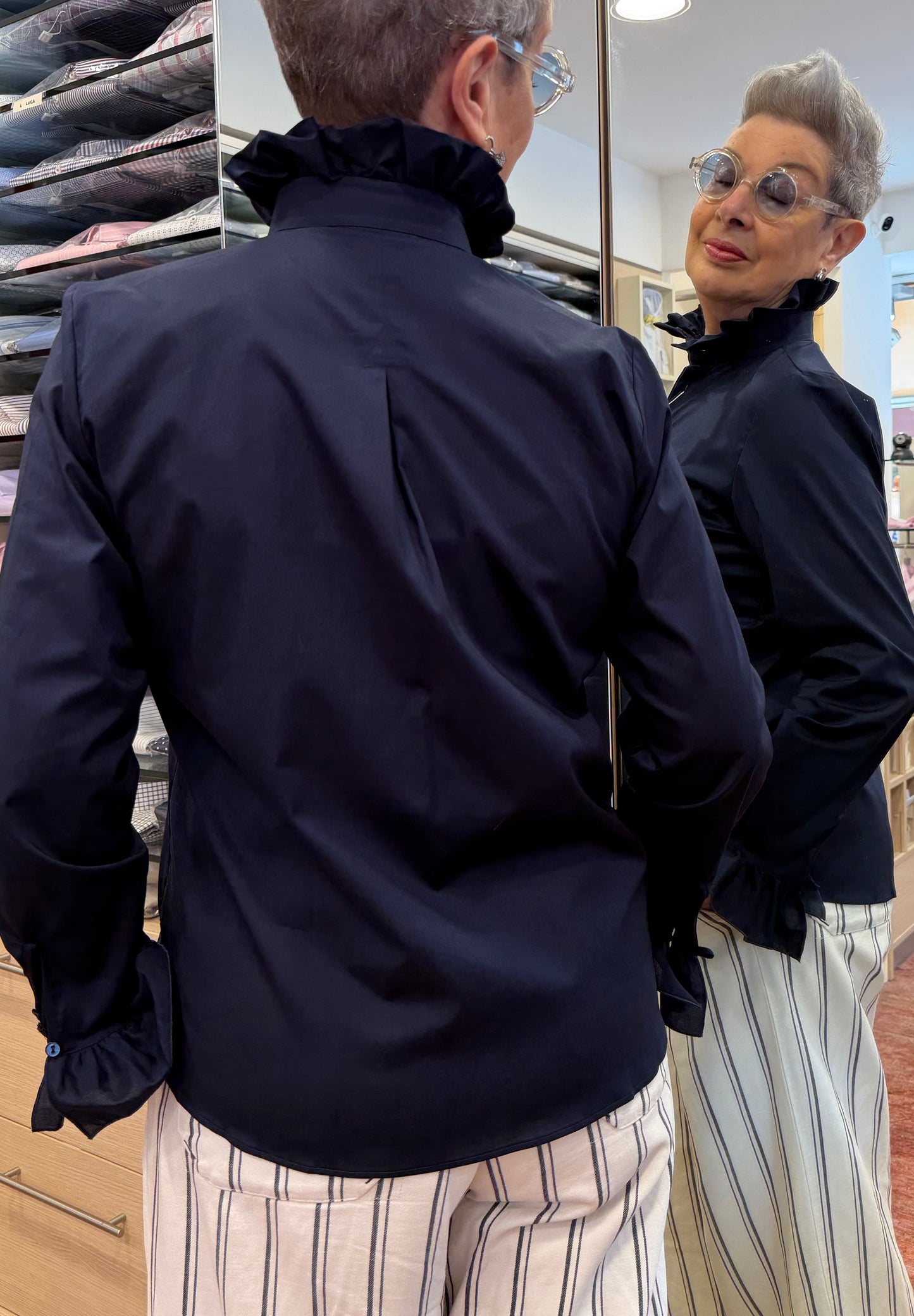 SABRINA rouches collo e polsi blu stretch