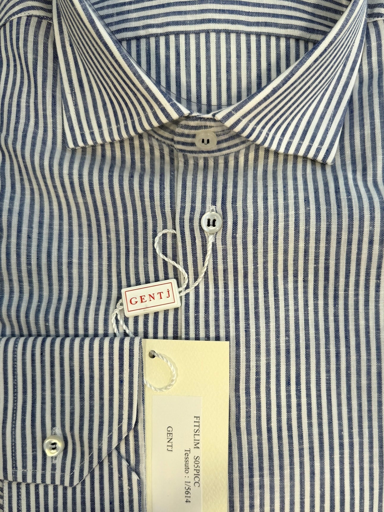 Lino cotone righine blu 5614 collo FRANCESE