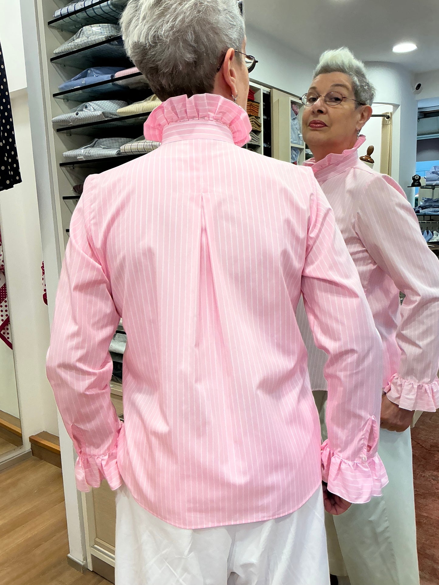 SABRINA rouches collo e polsi righine rosa
