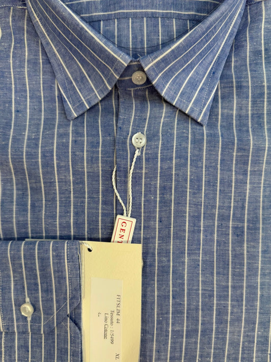 Lino cotone riga fondo azzurro 5499 collo ITALIANO