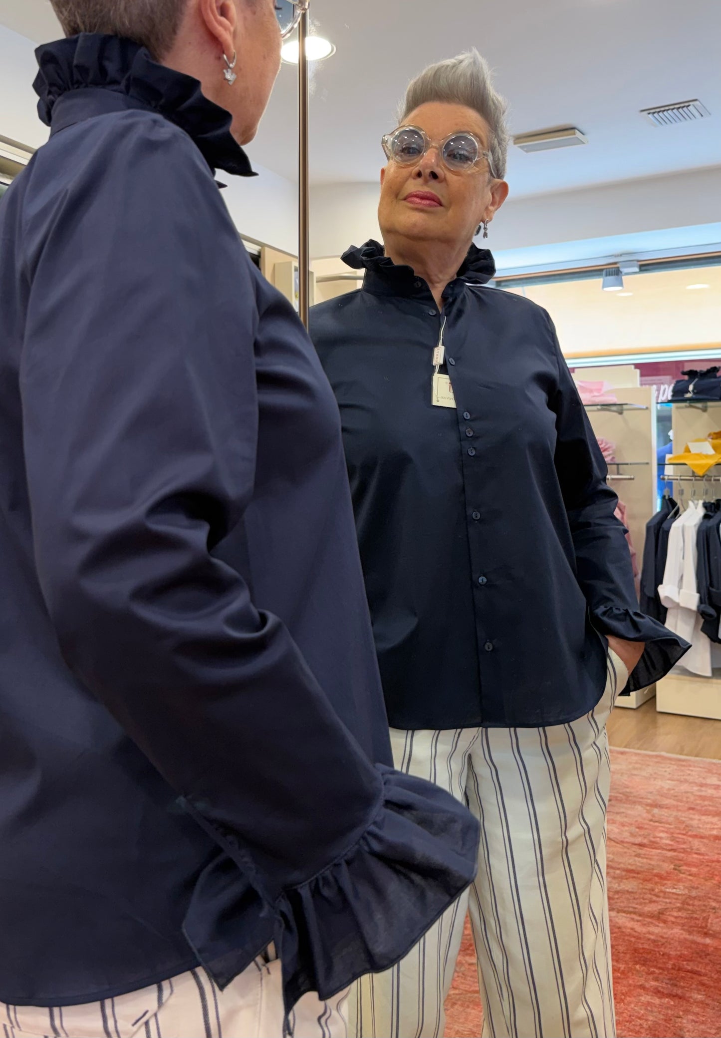 SABRINA rouches collo e polsi blu stretch