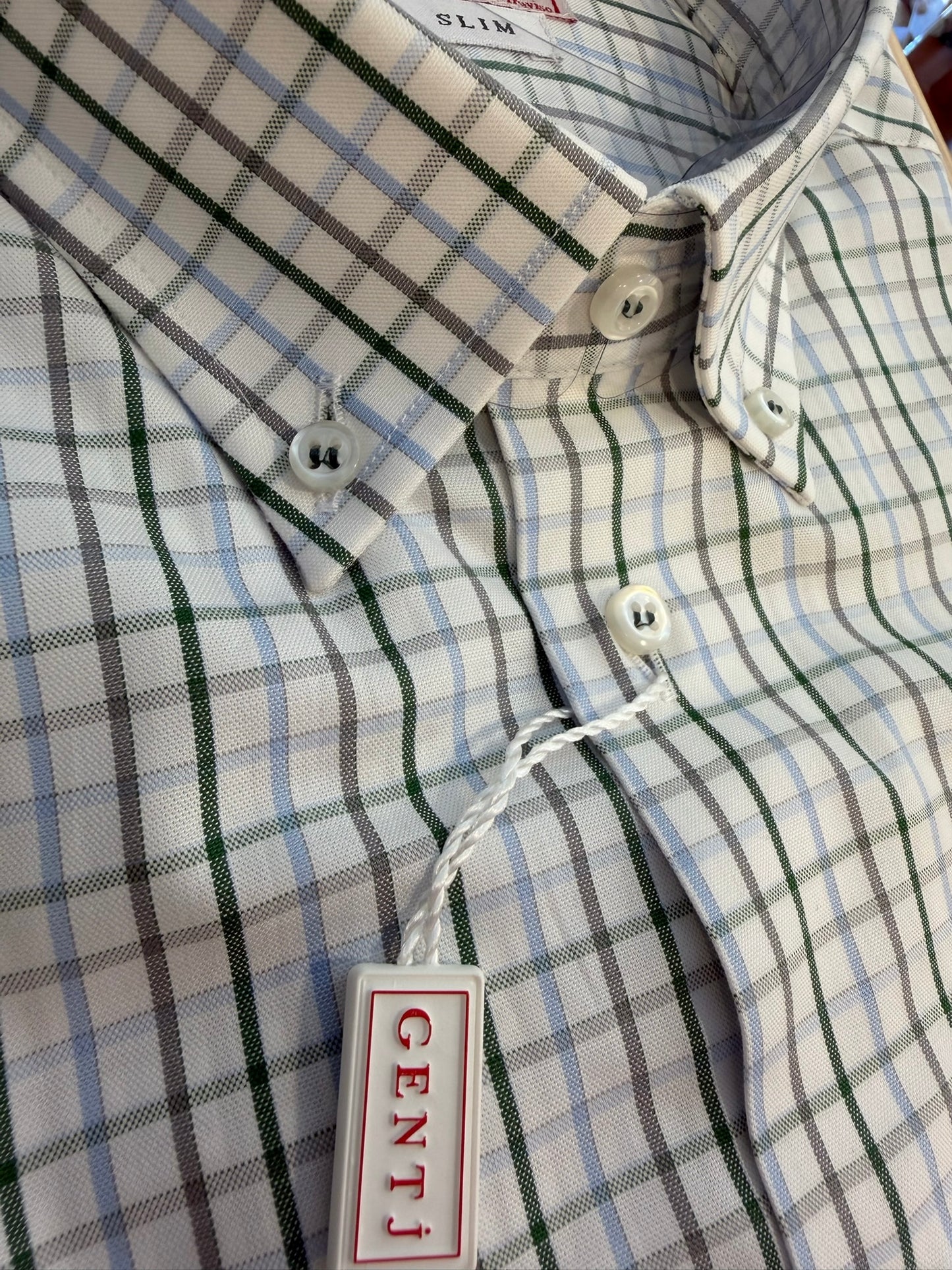 Microquadretto celeste verde 3268 collo BOTTON DOWN