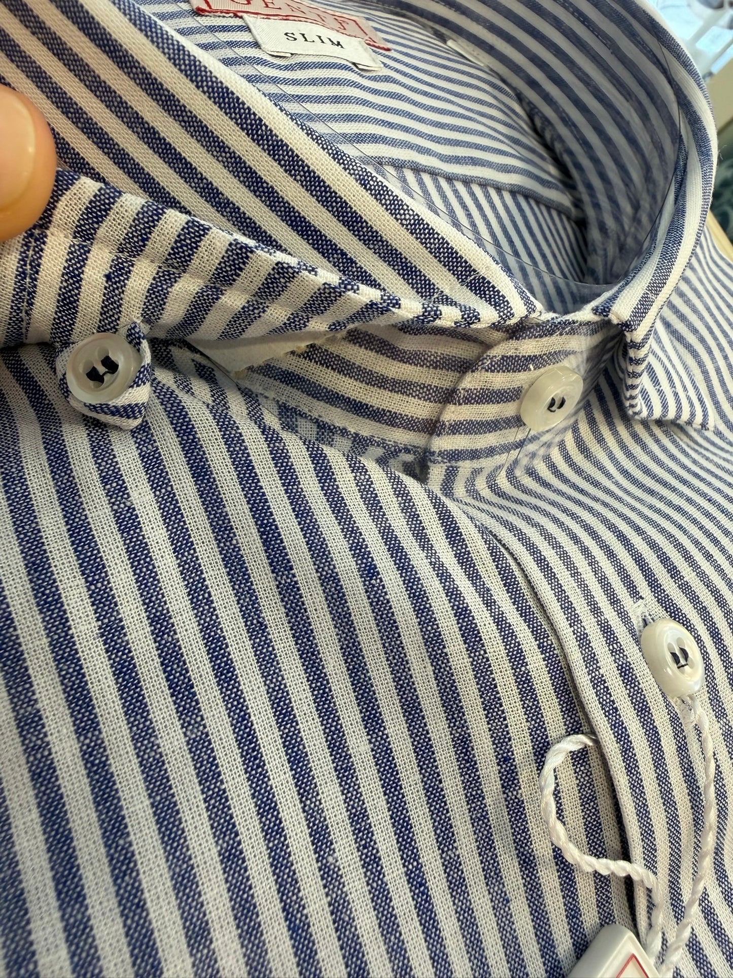 Lino cotone righine blu 5614 collo FRANCESE