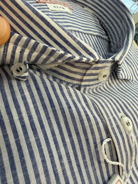 Lino cotone righine blu 5614 collo FRANCESE